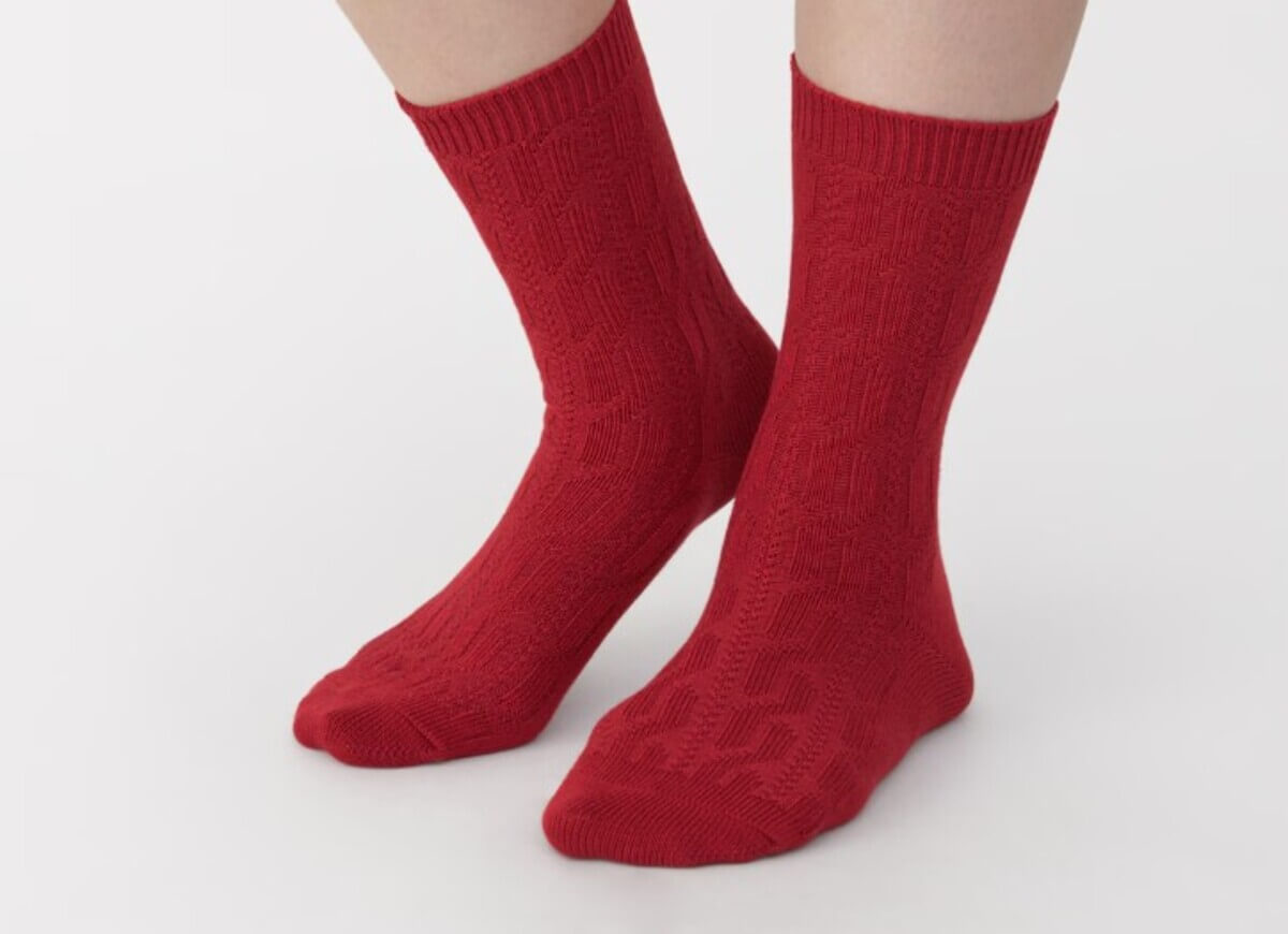 無印良品　婦人　足なり直角　履き口やわらか　ケーブル柄靴下