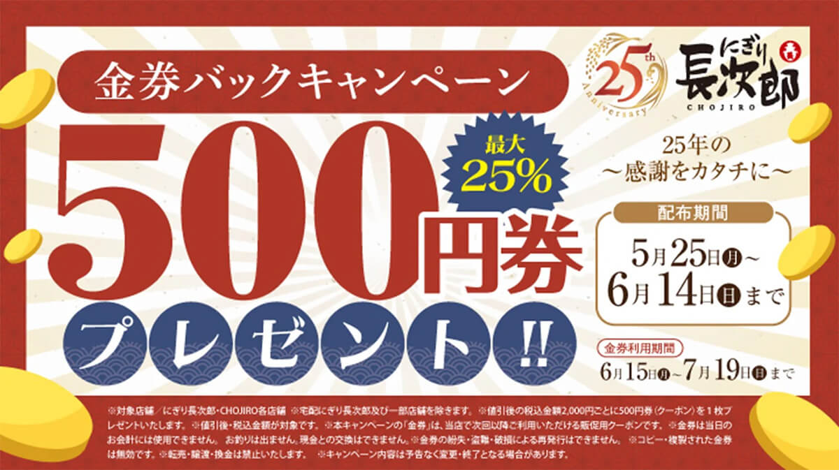 にぎり長次郎の500円分の金券バックキャンペーン