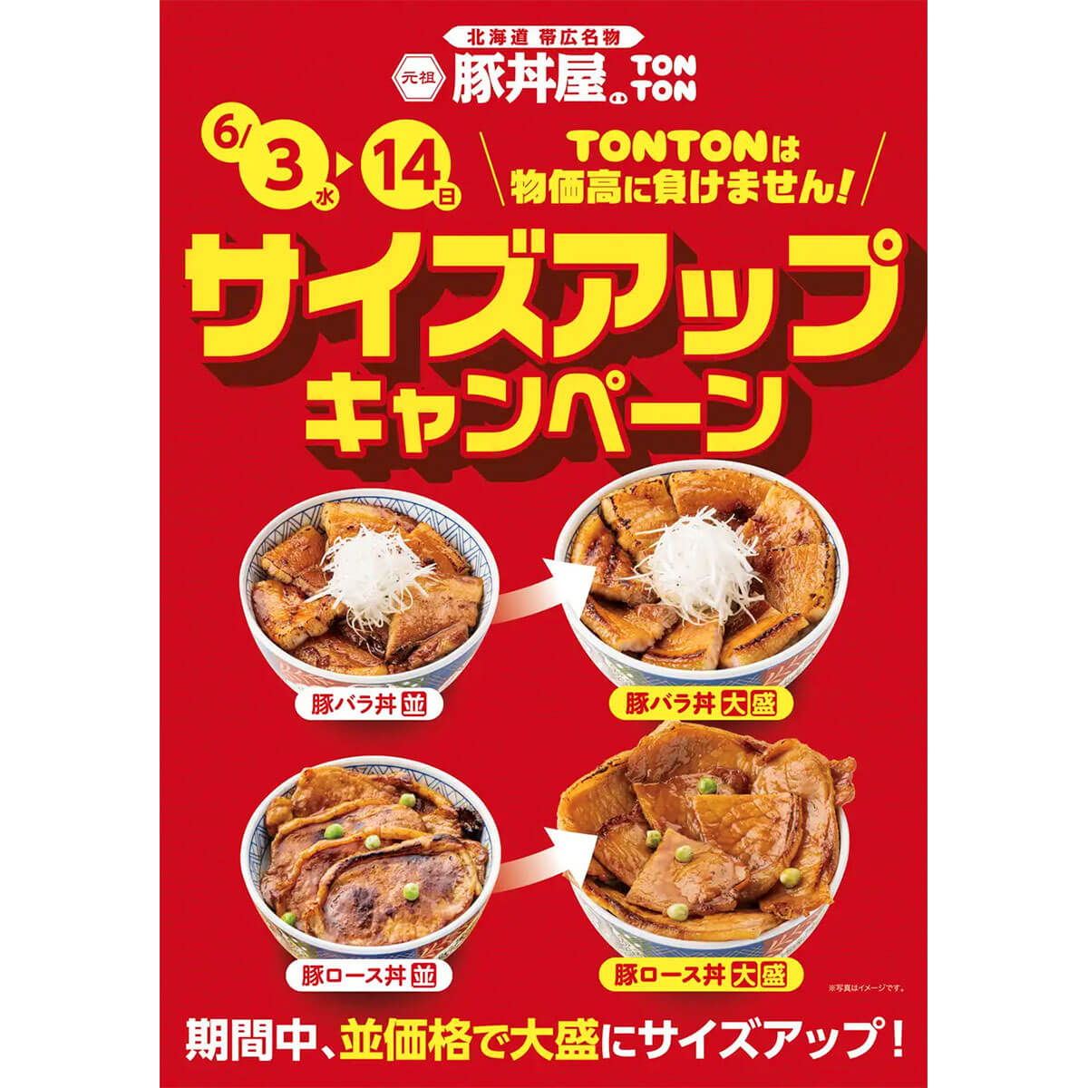 元祖豚丼屋TONTONで並盛から大盛サイズアップ無料